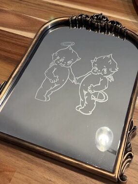 Vintage-Style Bronze Decorative Mirror Tray with Engraved Cherub Design